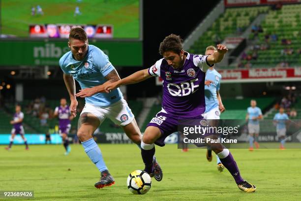 Bart Schenkeveld of Melbourne and Jacob Italiano of the Glory contest for the ball during the round 21 A-League match between the Perth Glory and...