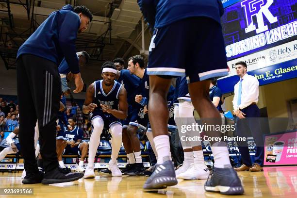 Stanford Robinson of the Rhode Island Rams is introduced before the game at Tom Gola Arena on February 20, 2018 in Philadelphia, Pennsylvania. Rhode...