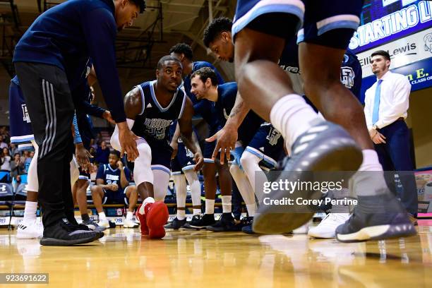 Jared Terrell of the Rhode Island Rams is introduced before the game at Tom Gola Arena on February 20, 2018 in Philadelphia, Pennsylvania. Rhode...
