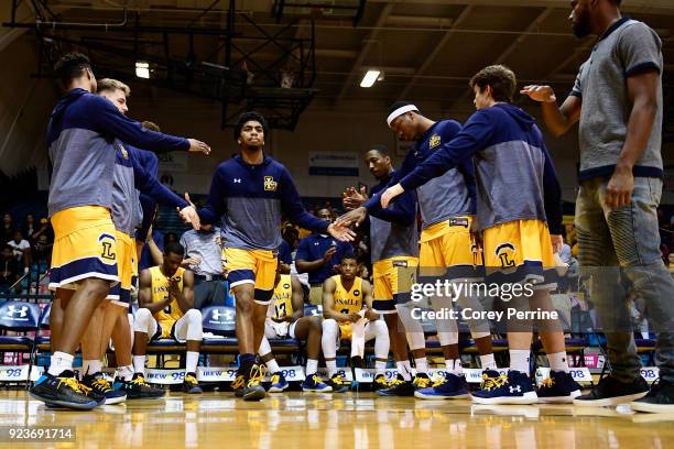 Pookie Powell of the La Salle Explorers is introduced before the game at Tom Gola Arena on February 20, 2018 in Philadelphia, Pennsylvania. Rhode...