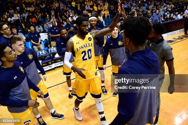 Johnson of the La Salle Explorers is introduced before the game at Tom Gola Arena on February 20, 2018 in Philadelphia, Pennsylvania. Rhode Island...