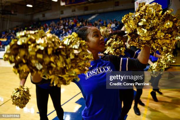 Breana Henderson of Queens, New York dances with the Expolorettes dance team before the game at Tom Gola Arena on February 20, 2018 in Philadelphia,...