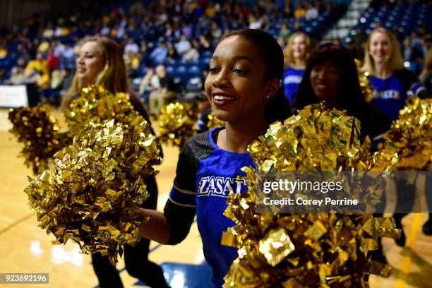 Breana Henderson of Queens, New York dances with the Expolorettes dance team before the game at Tom Gola Arena on February 20, 2018 in Philadelphia,...