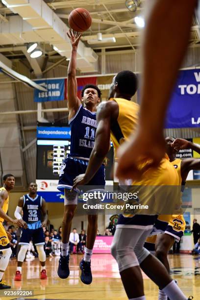 Jeff Dowtin of the Rhode Island Rams shoots the ball against the La Salle Explorers during the first half at Tom Gola Arena on February 20, 2018 in...