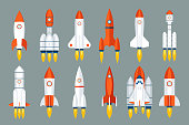 Space rocket start up launch symbol innovation development technology flat design icons set template vector illustration