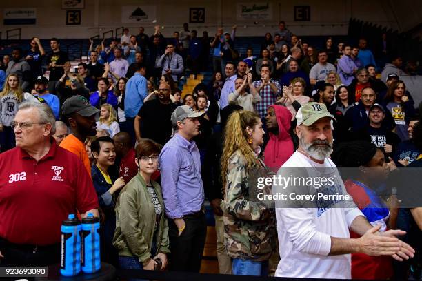 Rhode Island Rams fans congratulate their team after the game at Tom Gola Arena on February 20, 2018 in Philadelphia, Pennsylvania. Rhode Island...