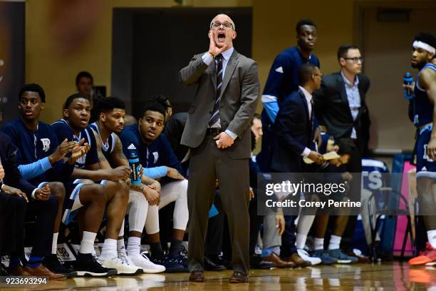 Head coach Dan Hurley of the Rhode Island Rams yells out to his team against the La Salle Explorers during the first half at Tom Gola Arena on...