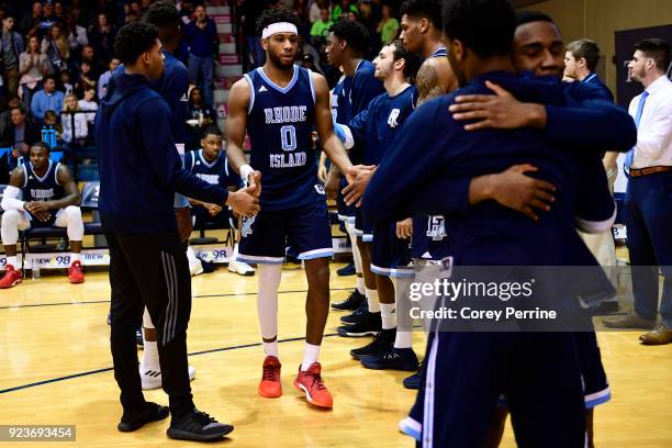 Matthews of the Rhode Island Rams is introduced before the game at Tom Gola Arena on February 20, 2018 in Philadelphia, Pennsylvania. Rhode Island...