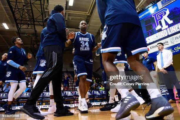 Andre Berry of the Rhode Island Rams before the game at Tom Gola Arena on February 20, 2018 in Philadelphia, Pennsylvania. Rhode Island edged La...