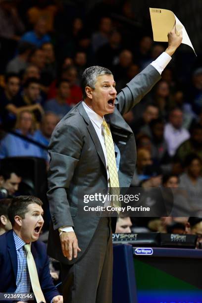 Head coach John Giannini of the La Salle Explorers yells to his team during the first half at Tom Gola Arena on February 20, 2018 in Philadelphia,...