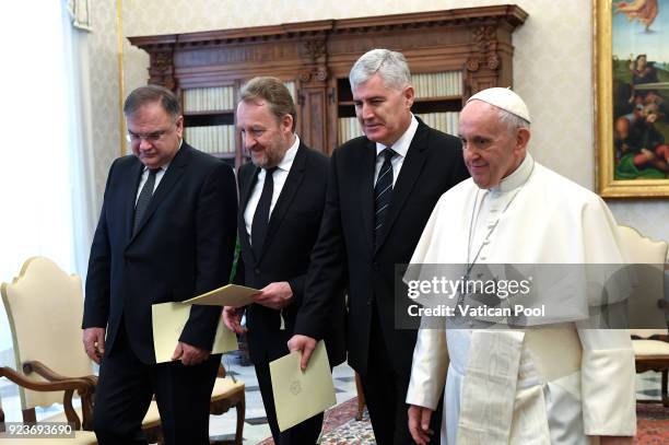 Pope Francis meets the three members of Bosnia's tripartite presidency Mladen Ivanic , Bakir Izetbegovic, and Dragan Covic at the Apostolic Palace on...