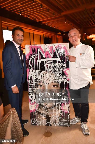 Kamal Hotchandani and Chef Nobu Matsuhisa attend HUBLOT Dinner Honoring Chef Nobu Matsuhisa at Nobu on February 23, 2018 in Miami Beach, Florida.