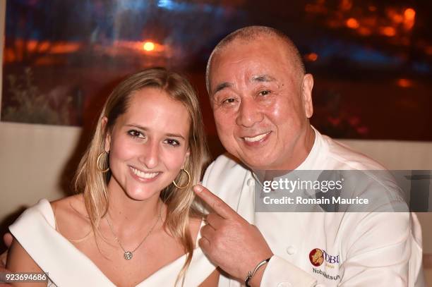 Paige Mastrandrea and Chef Nobu Matsuhisa attend HUBLOT Dinner Honoring Chef Nobu Matsuhisa at Nobu on February 23, 2018 in Miami Beach, Florida.