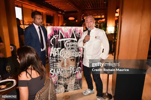 Kamal Hotchandani and Chef Nobu Matsuhisa attend HUBLOT Dinner Honoring Chef Nobu Matsuhisa at Nobu on February 23, 2018 in Miami Beach, Florida.