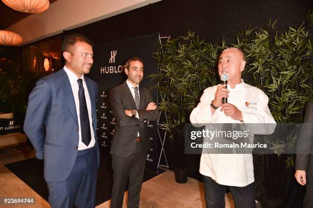 Kamal Hotchandani, Jean Franois Sberro, Chef Nobu Matsuhisa attend HUBLOT Dinner Honoring Chef Nobu Matsuhisa at Nobu on February 23, 2018 in Miami...