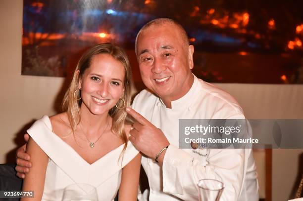 Paige Mastrandrea and Chef Nobu Matsuhisa attend HUBLOT Dinner Honoring Chef Nobu Matsuhisa at Nobu on February 23, 2018 in Miami Beach, Florida.