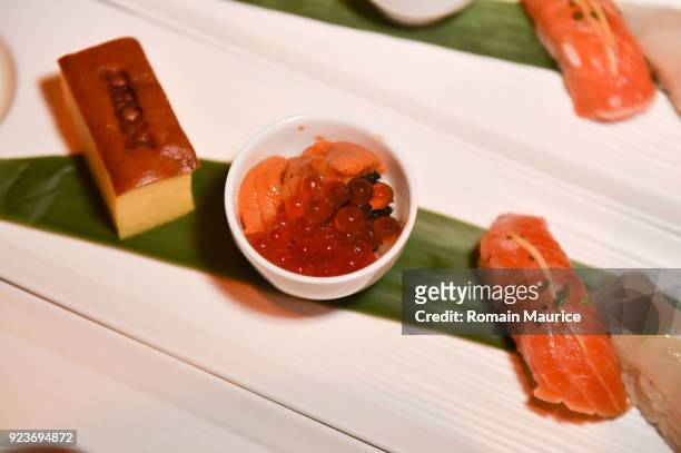 View of the food at HUBLOT Dinner Honoring Chef Nobu Matsuhisa at Nobu on February 23, 2018 in Miami Beach, Florida.