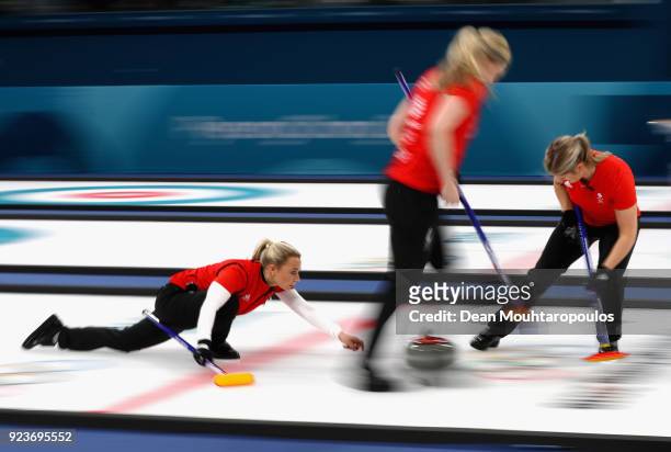 Anna Sloan of Great Britain delivers a stone during the Curling Womens' bronze Medal match between Great Britain and Japan on day fifteen of the...
