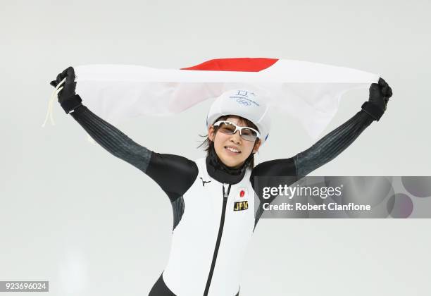 Nana Takagi of Japan celebrates winning gold during the Ladies' Speed Skating Mass Start Final on day 15 of the PyeongChang 2018 Winter Olympic Games...