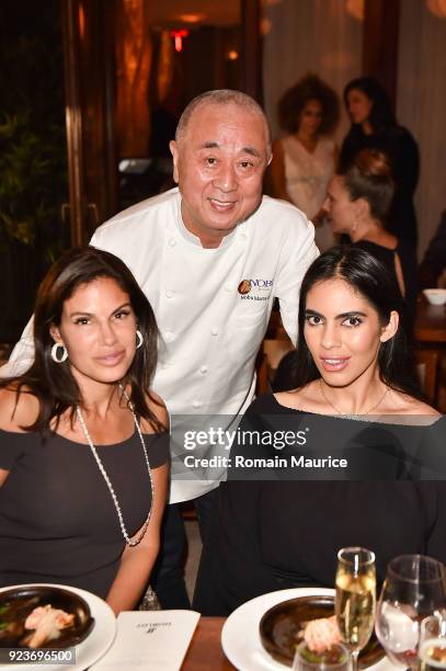 Missy Brody, Chef Nobu Matsuhisa and Deyvanshi Masrani attend Chef Nobu Matsuhisa HUBLOT Dinner Honoring Chef Nobu Matsuhisa at Nobu on February 23,...