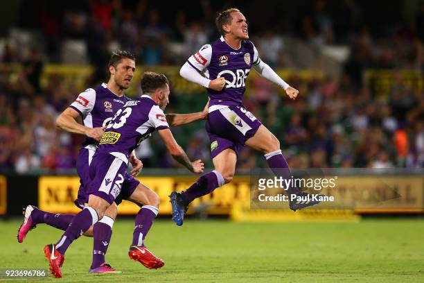Neil Kilkenny of the Glory celebrates after scoring a goal during the round 21 A-League match between the Perth Glory and Melbourne City FC at nib...