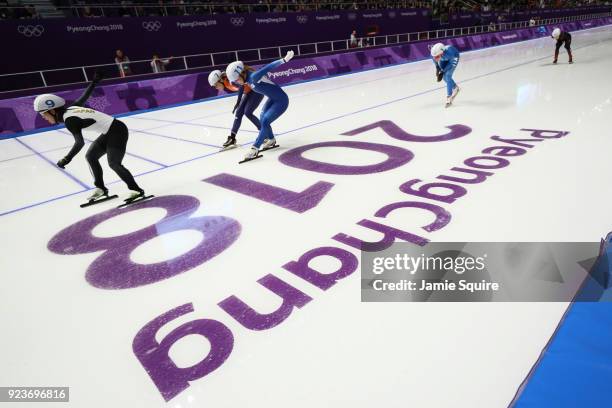 Nana Takagi of Japan races ahead of Bo-Reum Kim of Korea and Irene Schouten of the Netherlands to win the gold medal during the Ladies' Speed Skating...