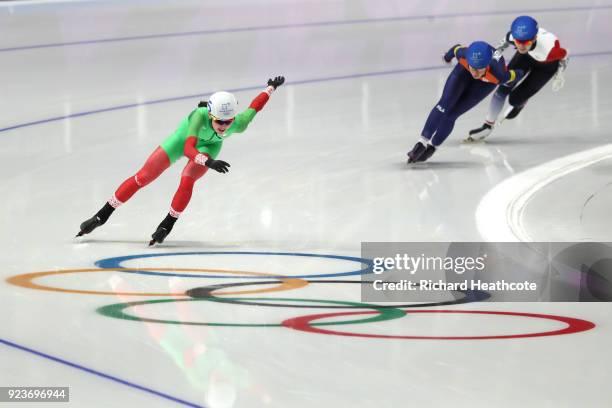 Maryna Zuyeva of Belarus competes during the Ladies' Speed Skating Mass Start Final on day 15 of the PyeongChang 2018 Winter Olympic Games at...