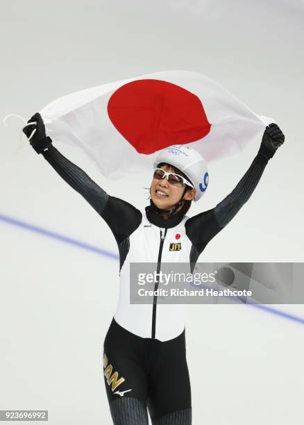 Nana Takagi of Japan celebrates after winning the gold medal during the Ladies' Speed Skating Mass Start Final on day 15 of the PyeongChang 2018...