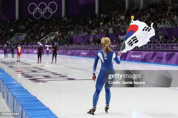 Bo-Reum Kim of Korea celebrates after winning the silver medal during the Ladies' Speed Skating Mass Start Final on day 15 of the PyeongChang 2018...