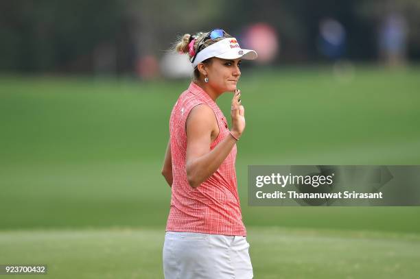 Lexi Thompson of United States acknowledges the fan during the Honda LPGA Thailand at Siam Country Club on February 24, 2018 in Chonburi, Thailand.