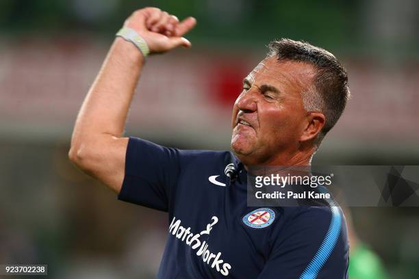 Warren Joyce, head coach of Melbourne reacts after a Glory goal during the round 21 A-League match between the Perth Glory and Melbourne City FC at...