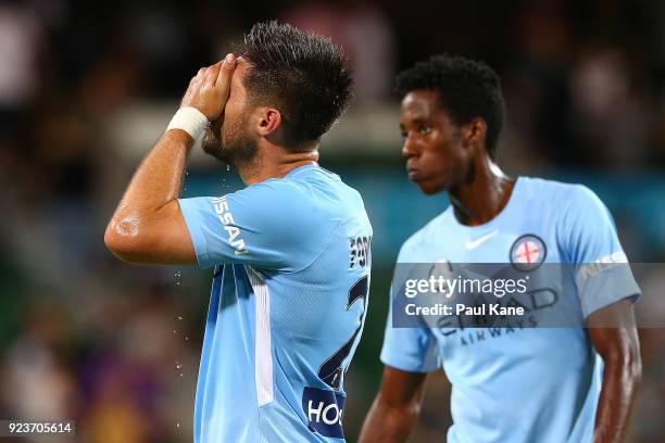 Bruno Fornaroli and Bruce Kamau of Melbourne look on after being defeated during the round 21 A-League match between the Perth Glory and Melbourne...