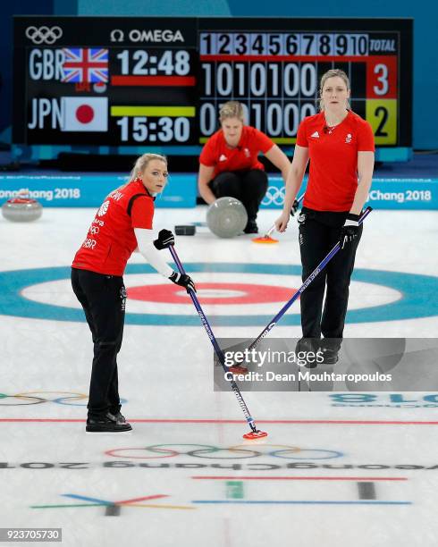 Anna Sloan, Vicki Adams and Lauren Gray of Great Britain during the Curling Womens' bronze Medal match between Great Britain and Japan on day fifteen...