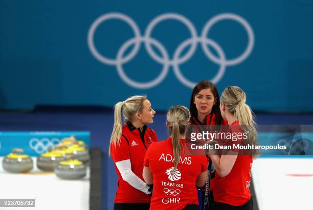 Eve Muirhead, Anna Sloan, Vicki Adams and Lauren Gray of Great Britain during the Curling Womens' bronze Medal match between Great Britain and Japan...