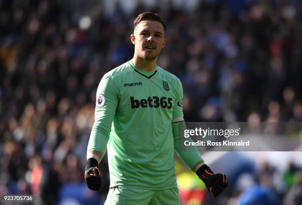 Jack Butland of Stoke City celebrates after his sides first goal during the Premier League match between Leicester City and Stoke City at The King...