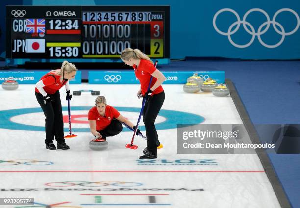 Anna Sloan, Vicki Adams and Lauren Gray of Great Britain during the Curling Womens' bronze Medal match between Great Britain and Japan on day fifteen...