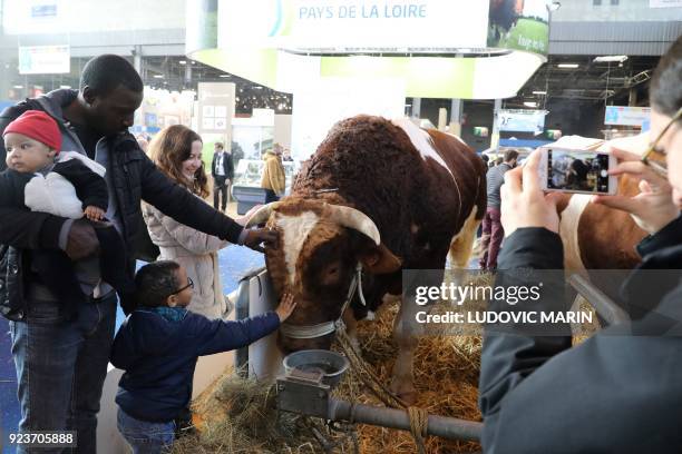 Man and a child pet a cow during the 55th International Agriculture Fair at the Porte de Versailles exhibition center in Paris on February 24, 2018.