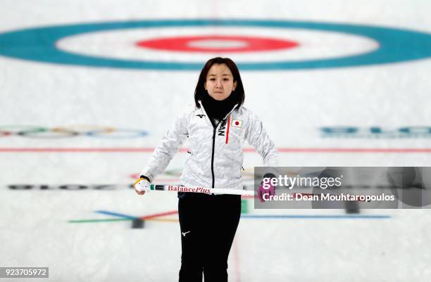 Satsuki Fujisawa of Japan during the Curling Womens' bronze Medal match between Great Britain and Japan on day fifteen of the PyeongChang 2018 Winter...