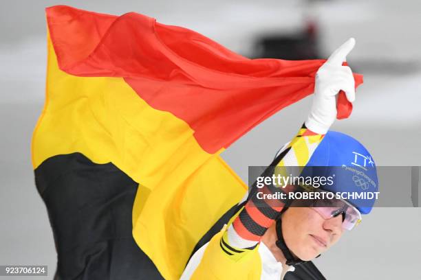 Belgium's Bart Swings celebrates his silver medal win in the men's mass start final speed skating event during the Pyeongchang 2018 Winter Olympic...