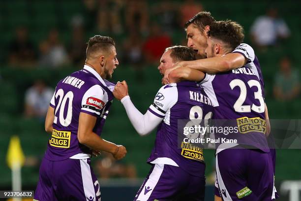 Neil Kilkenny of the Glory celebrates a goal during the round 21 A-League match between the Perth Glory and Melbourne City FC at nib Stadium on...