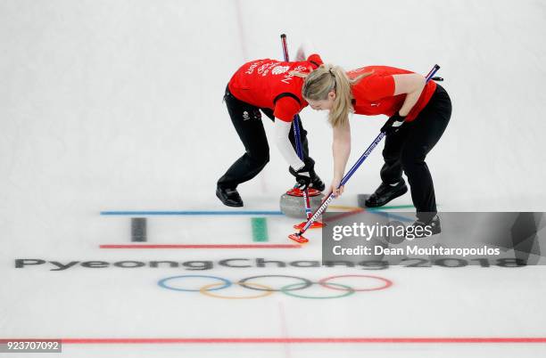 Anna Sloan and Vicki Adams of Great Britain during the Curling Womens' bronze Medal match between Great Britain and Japan on day fifteen of the...