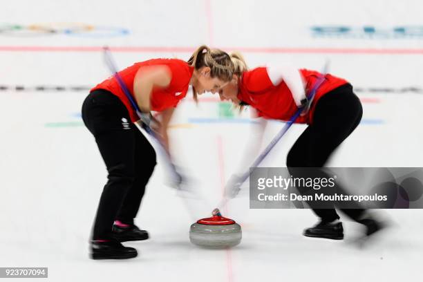 Anna Sloan and Vicki Adams of Great Britain during the Curling Womens' bronze Medal match between Great Britain and Japan on day fifteen of the...