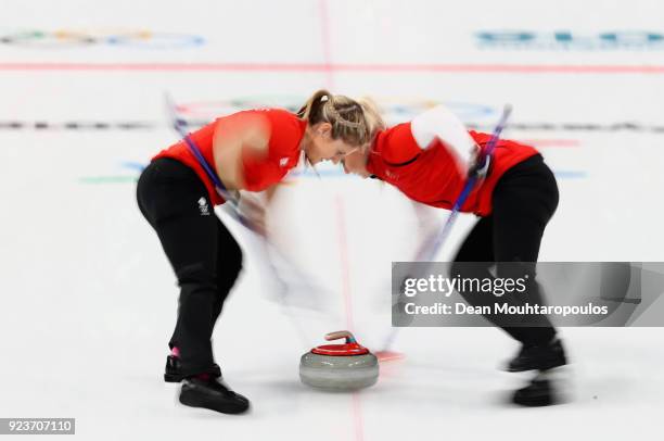 Anna Sloan and Vicki Adams of Great Britain during the Curling Womens' bronze Medal match between Great Britain and Japan on day fifteen of the...