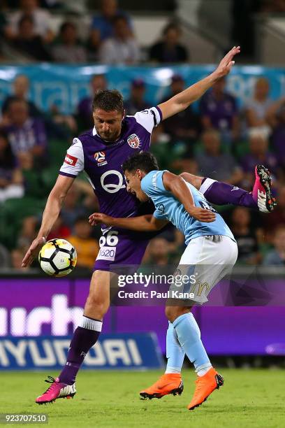 Dino Djulbic of the Glory and Daniel Arzani of Melbourne contest for the ball during the round 21 A-League match between the Perth Glory and...