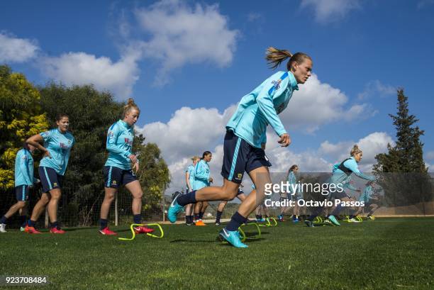 Emily van Egmond of the Matildas warm up during a Matildas training session on February 24, 2018 in Faro, Portugal.