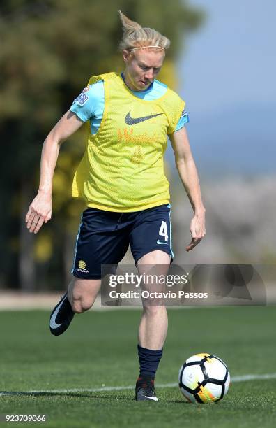 Clare Polkinghorne of the Matildas controls the ball during a Matildas training session on February 24, 2018 in Faro, Portugal.