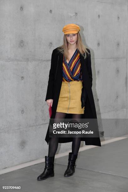 Lily Flynn arrives at the Giorgio Armani show during Milan Fashion Week Fall/Winter 2018/19 on February 24, 2018 in Milan, Italy.