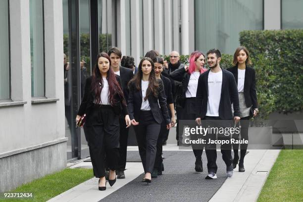 Guests arrive at the Giorgio Armani show during Milan Fashion Week Fall/Winter 2018/19 on February 24, 2018 in Milan, Italy.