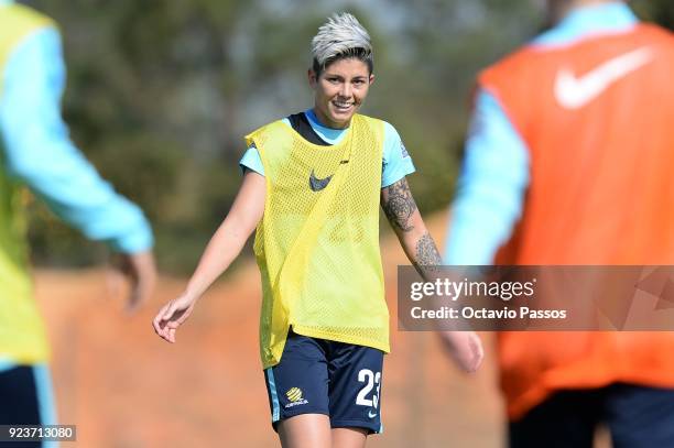 Michelle Heyman of the Matildas reacts during a Matildas training session on February 24, 2018 in Faro, Portugal.