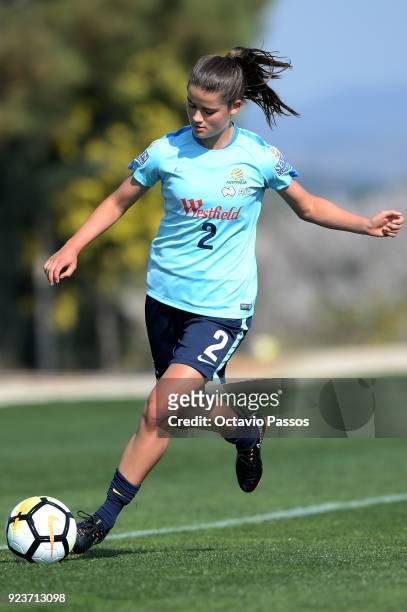 Rachel Lowe of the Matildas controls the ball during a Matildas training session on February 24, 2018 in Faro, Portugal.